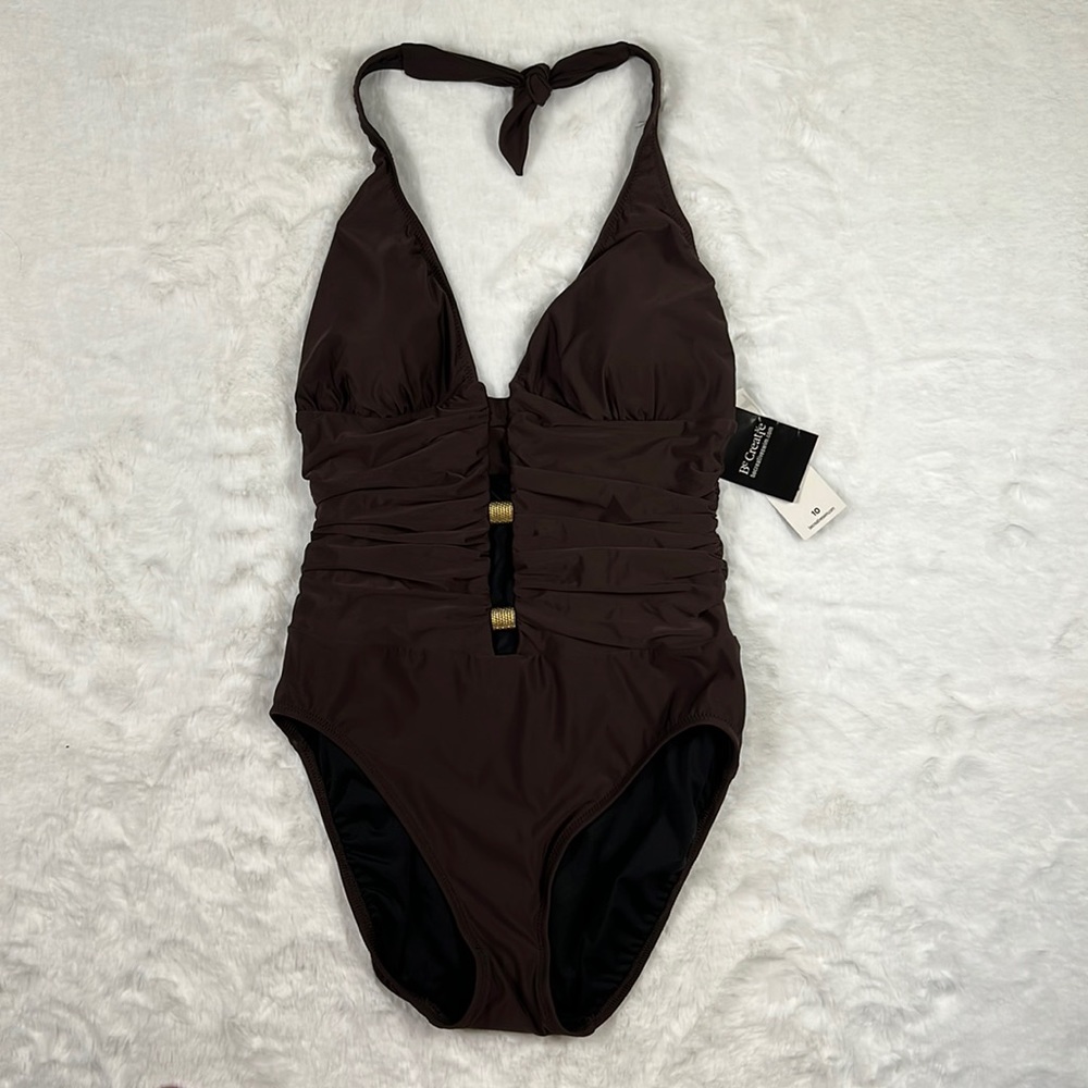 Be Creative Swimsuit Halter Style One piece Size 10 NWT Brown